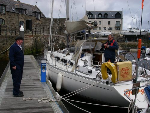 Alongside at Banff, Tony talking to the Harbourmaster.