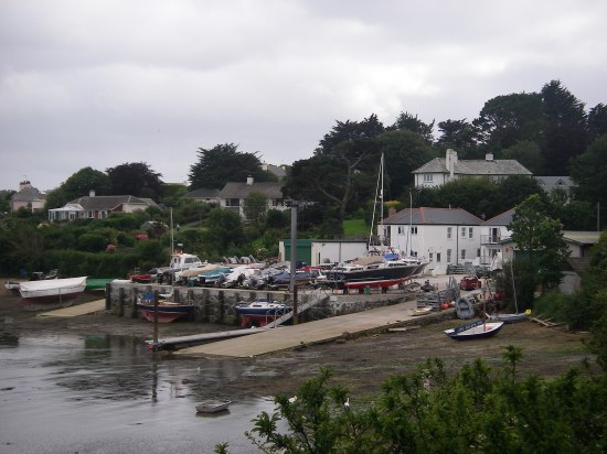 Freshwater Boatyard, St Mawes, where we kept Kehaar for four seasons, wintered on the beach using a pair of legs.
