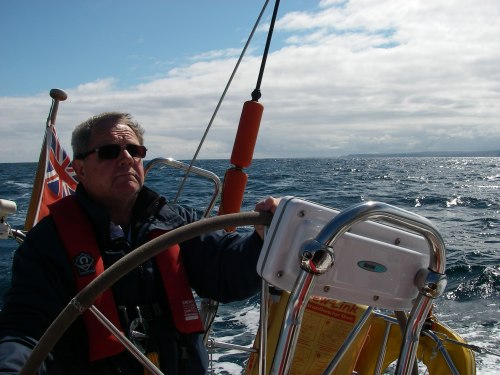 Into the Moray Firth, Rattray Head behind, Tony at the wheel.