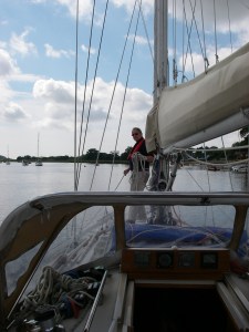 Tony on deck at Waldringfield as we leave the Deben for Lowestoft
